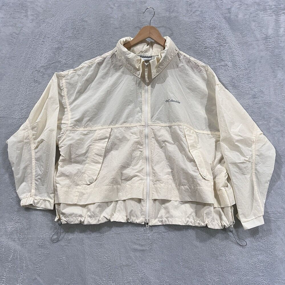 Columbia LightWeight Jacket 1X Ivory Short Hidden Hood Full Zip Women